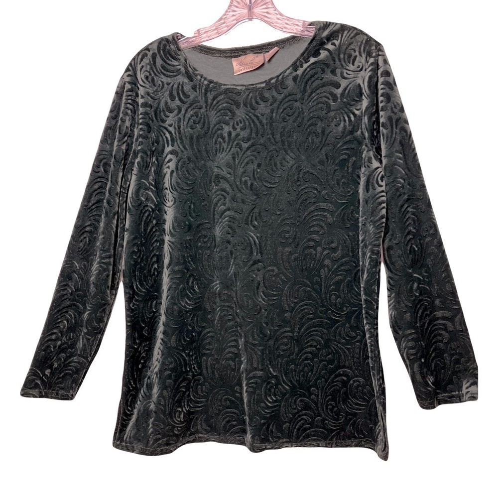 Kathie Lee | Vtg Spruce Green Textured Velvet Long Sleeve Top, Large